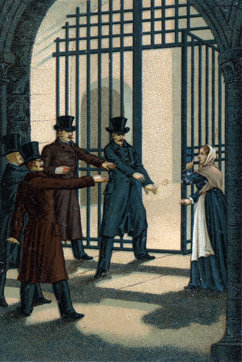 The Four Sergeants (Bories, Pomier, Raoulx and Goudin) of La Rochelle accused under the Restoration of wanting to overthrow the monarchy and guillotines in 1822. Their crime is to belong to the Charbonnerie (Carboneria). av Unknown artist