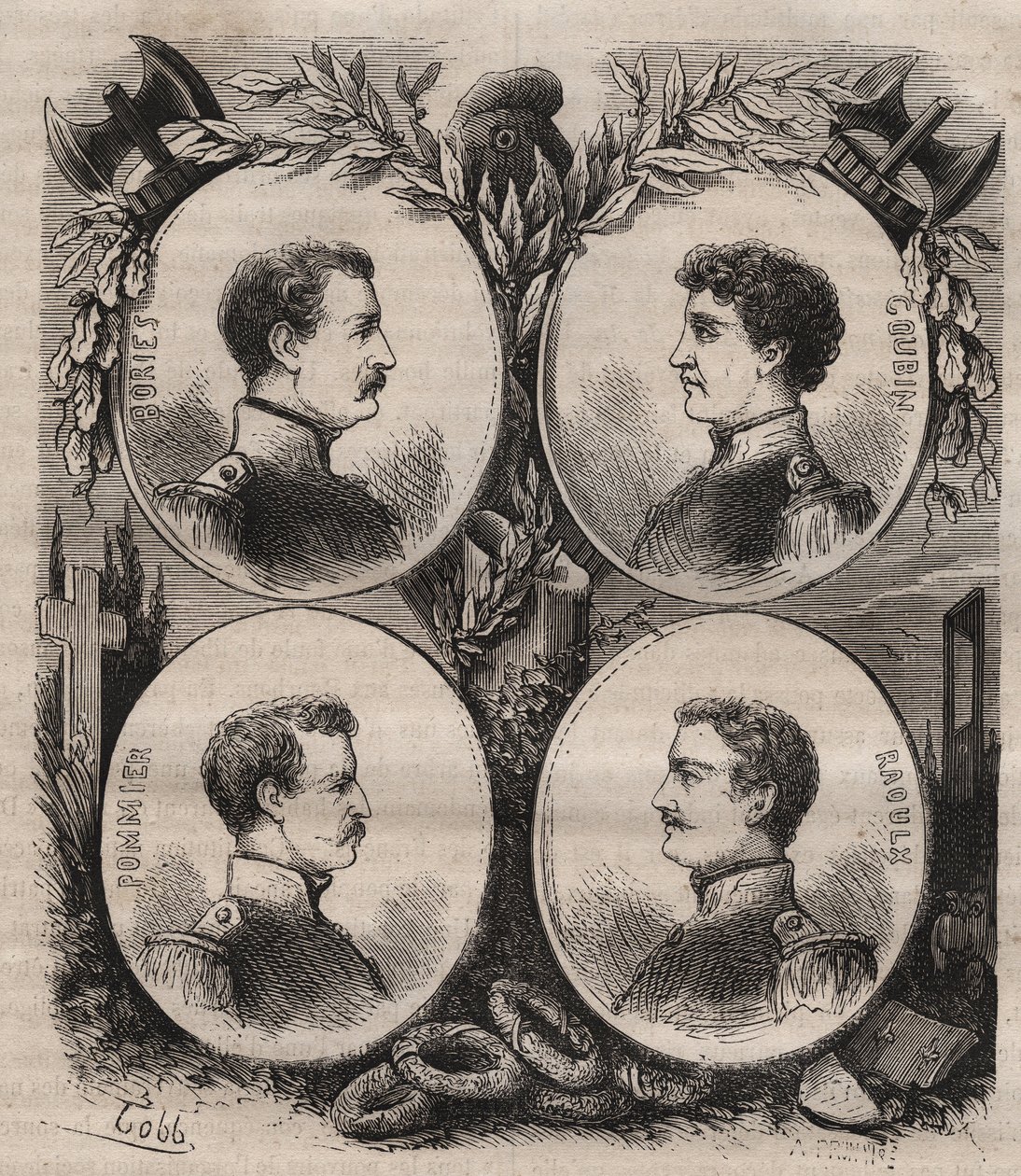 The Four Sergents (Jean Francois Bories (1795-1822), Jean Joseph Pommier (1796-1822), Marius Claude Raoulx (1797-1822)) and Charles Goubin (1798-1822) of La Rochelle accused under the Restoration of wanting to overthrow the monarchy and guillotines in 1822 av Unknown artist