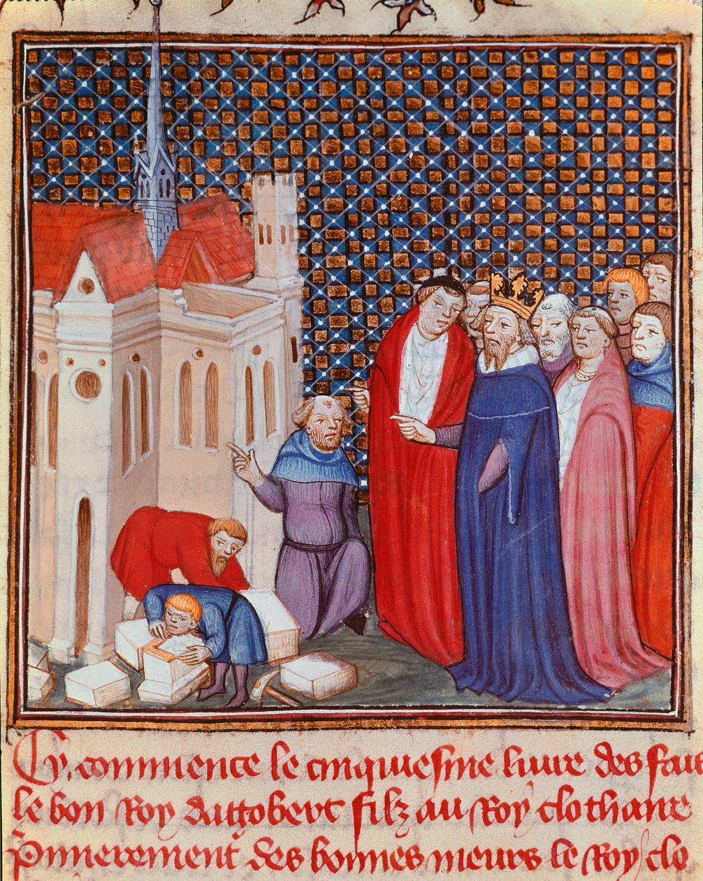 Franc-kongen Dagobert I (603/608-639) fra det merovingerske dynastiet som fører tilsyn med byggingen av en miniatyrbygning fra "" Les grandes Chronicles de France" eller "" Les Chronicles de Saint Denis"" Chantilly fra 1300-tallet, Musee Conde av Unknown artist