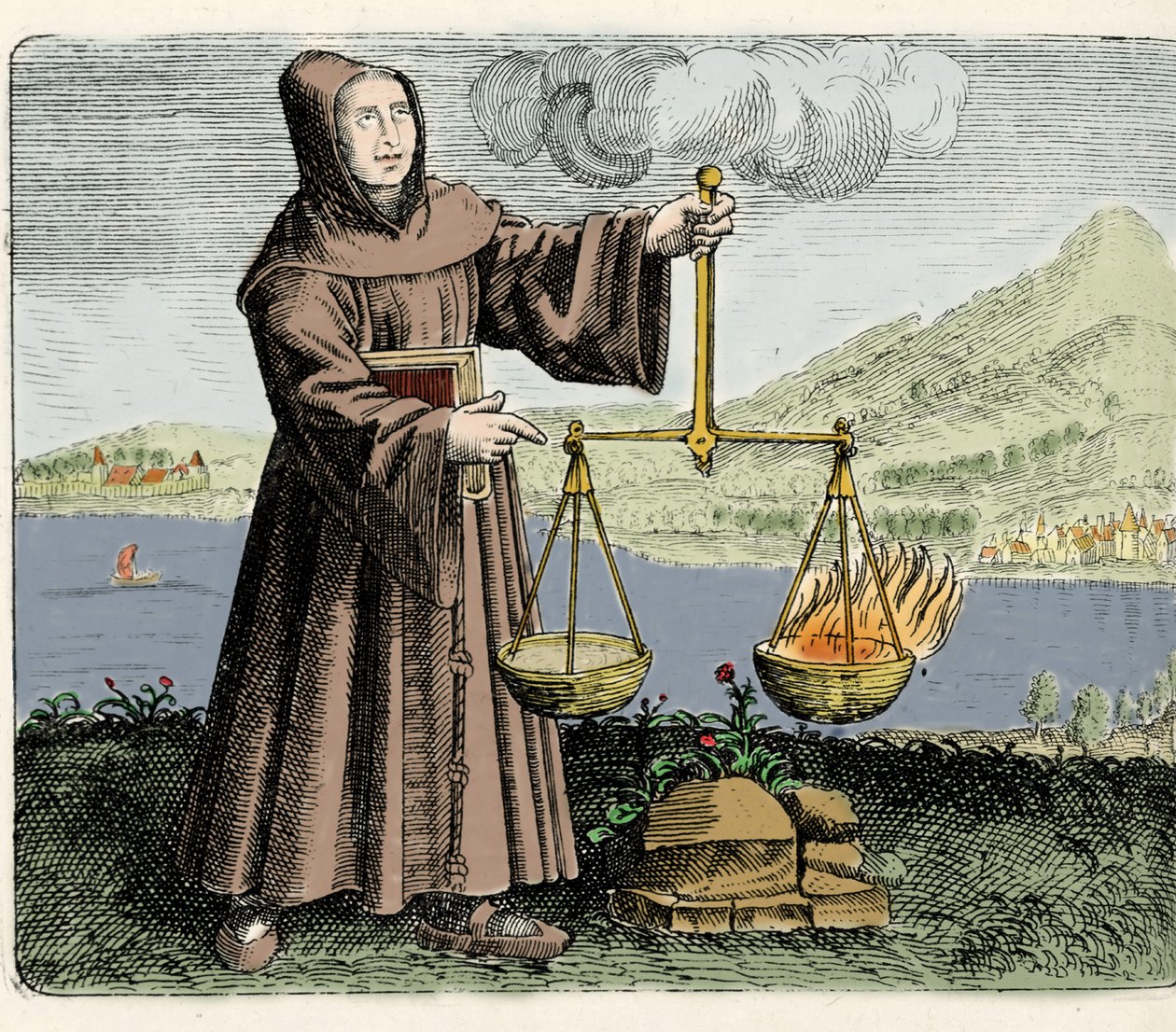 Fransiskanermunken, filosofen og alkymisten Roger Bacon (Bacon) (doktor Mirabilis) (1214-1294) gjør en opplevelse. Gravering fra "The Symbols of the Golden Table of the Twelve Nations" av Michael Mayer 1617 av Unknown artist
