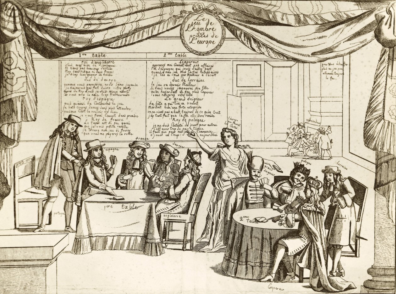 The Game of the Hombre of the Princes of Europe - Hombre, metaphor of international politics - 1685 - Europe is cut into pieces by uncontrolled sovereigns who “play” their territories like their own property - The satire follows the Treve of Regensburg, si av Unknown artist