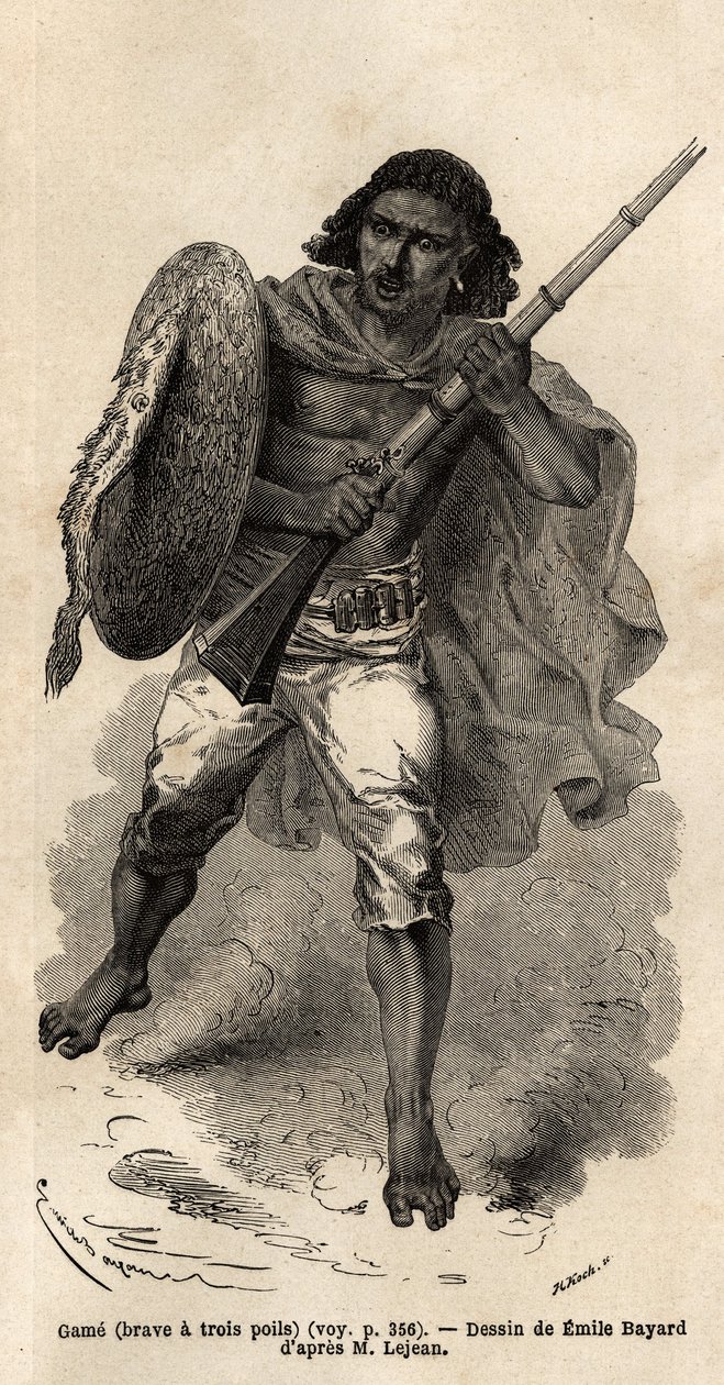 The Game, eller modig har tre hår, abyssinisk våpensoldat. Gravering for å illustrere turen til Abessinia, i 1862 av Guillaume Lejean, i "Le tour du monde, nouveau journal des voyages"" utgitt under ledelse av Edouard Charton av Unknown artist