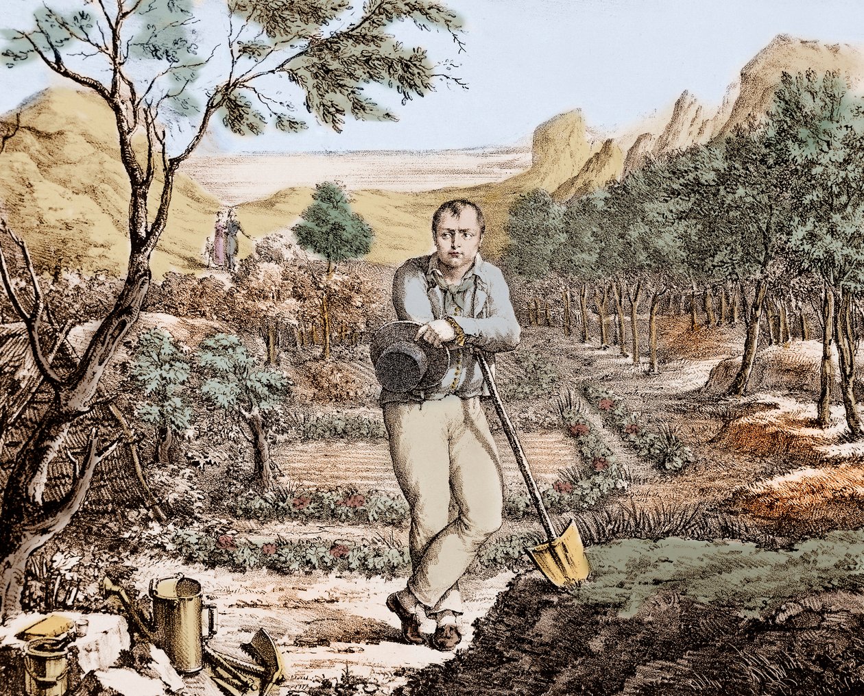 The Gardener of St Helena - Napoleon i eksil på St Helena, gravering av Unknown artist