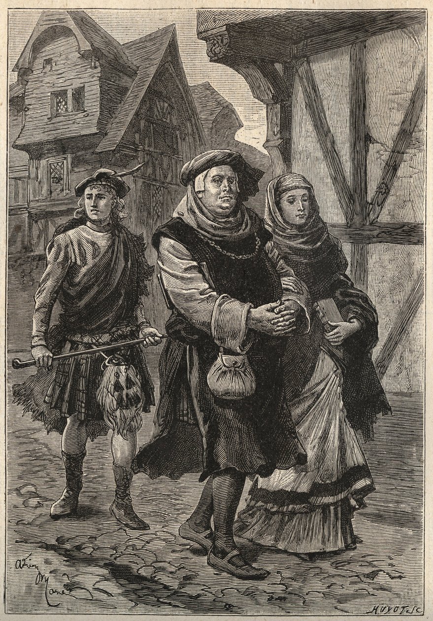 The Gartier (The Glover) accompanying his daughter to the church - 19th century illustration for the historical novel “The Pretty Girl of Perth or Valentine