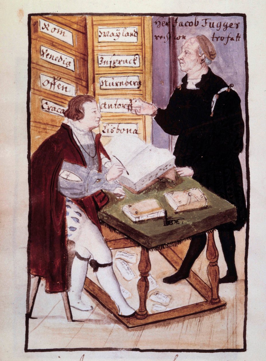 Den tyske bankmannen Jacob Fugger (1459-1525) på kontoret sitt (Goldene Schreibstube) med sin tyske regnskapsfører Matthaus Schwarz (1497-rundt 1574) Akvarell fra 1500-tallet. BN, Paris av Unknown artist