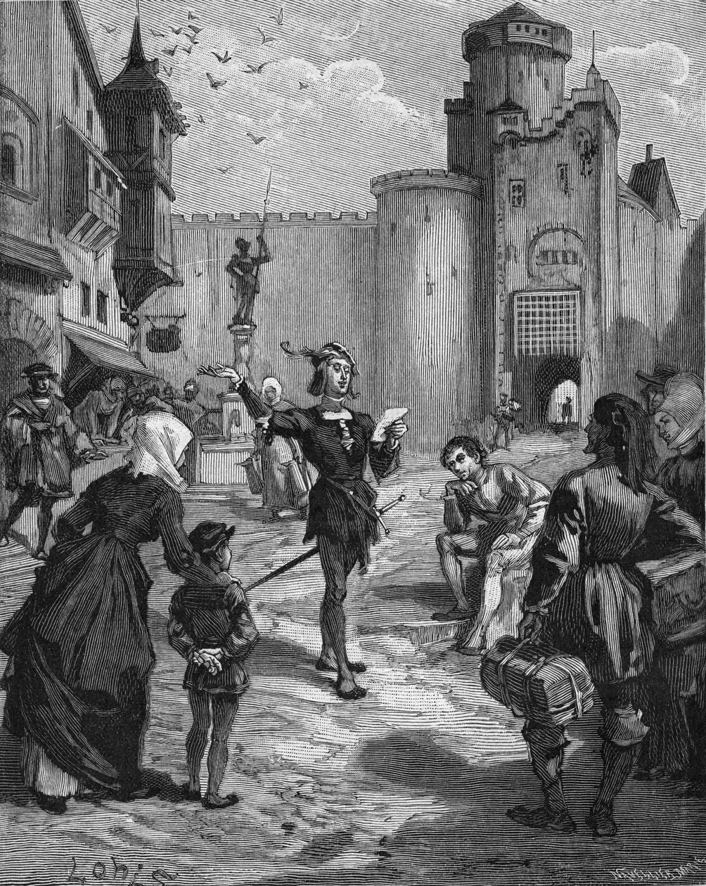 The German knight, poet and humanist Ulrich von Hutten (1488-1523) declaming one of his poems in the street. Engraving of the 19th century. In “Histoire de France” by Jules Michelet av Unknown artist