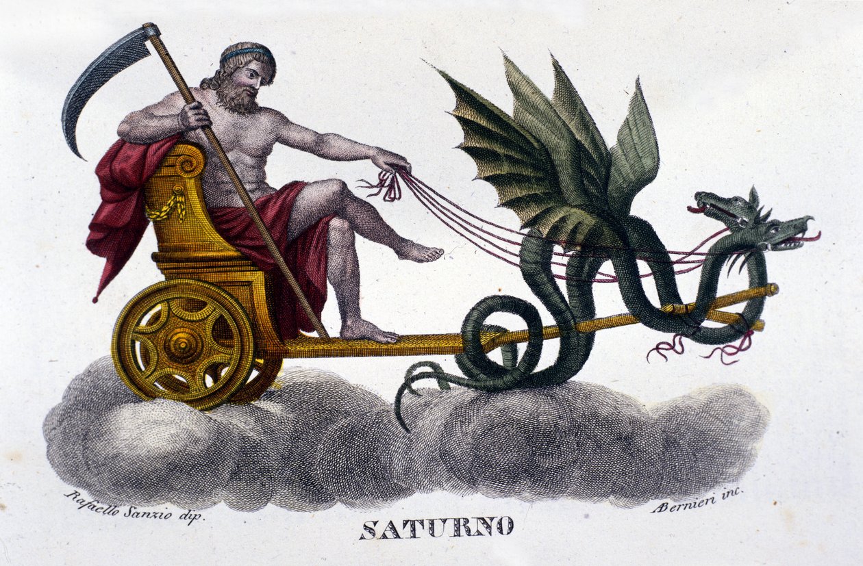 Guden Saturn (eller Cronos) på en tank avfyrt av to drager. Fra en illustrasjon av Raffaello Sanzio. Gravering fra 1800-tallet. av Unknown artist