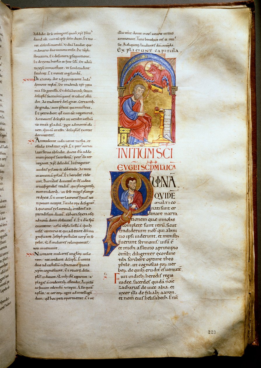 St. Lukas-evangeliet representerer med oksen Page en opplyst bibel (Ms.721-Foglio 223r.) fra begynnelsen av det 12. århundre. Dim. 52,5x36 cm Roma, Biblioteca Casanatense av Unknown artist