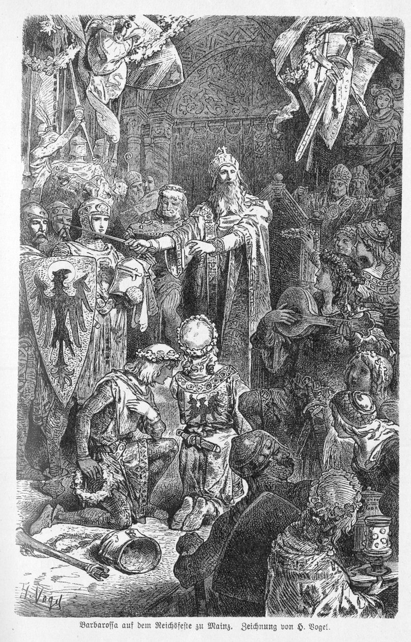 The Great Emperor Frederick Barbarossa Holds His Court at Mainz - Frederic I by Hohenstaufen, dit Frederic Barberousse (1122-1190) received in Mainz the cross of the eveque Gerard of Würzburg - Engraving in “” Kaiser, Konig une Papst” by Richard Roth av Unknown artist