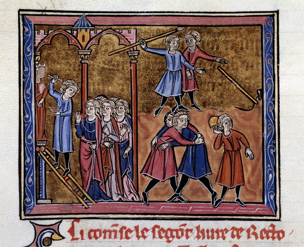 Den greske kunstneren Zeuxis (5. århundre f.Kr.) skulpturerer en statue av Juno foran unge menn som leker og strever med miniatyr fra manuskriptet "Retorikk" av Marcus Tullius Ciceron (106-43 f.Kr.) oversatt av Johannes av Antiokia av Unknown artist