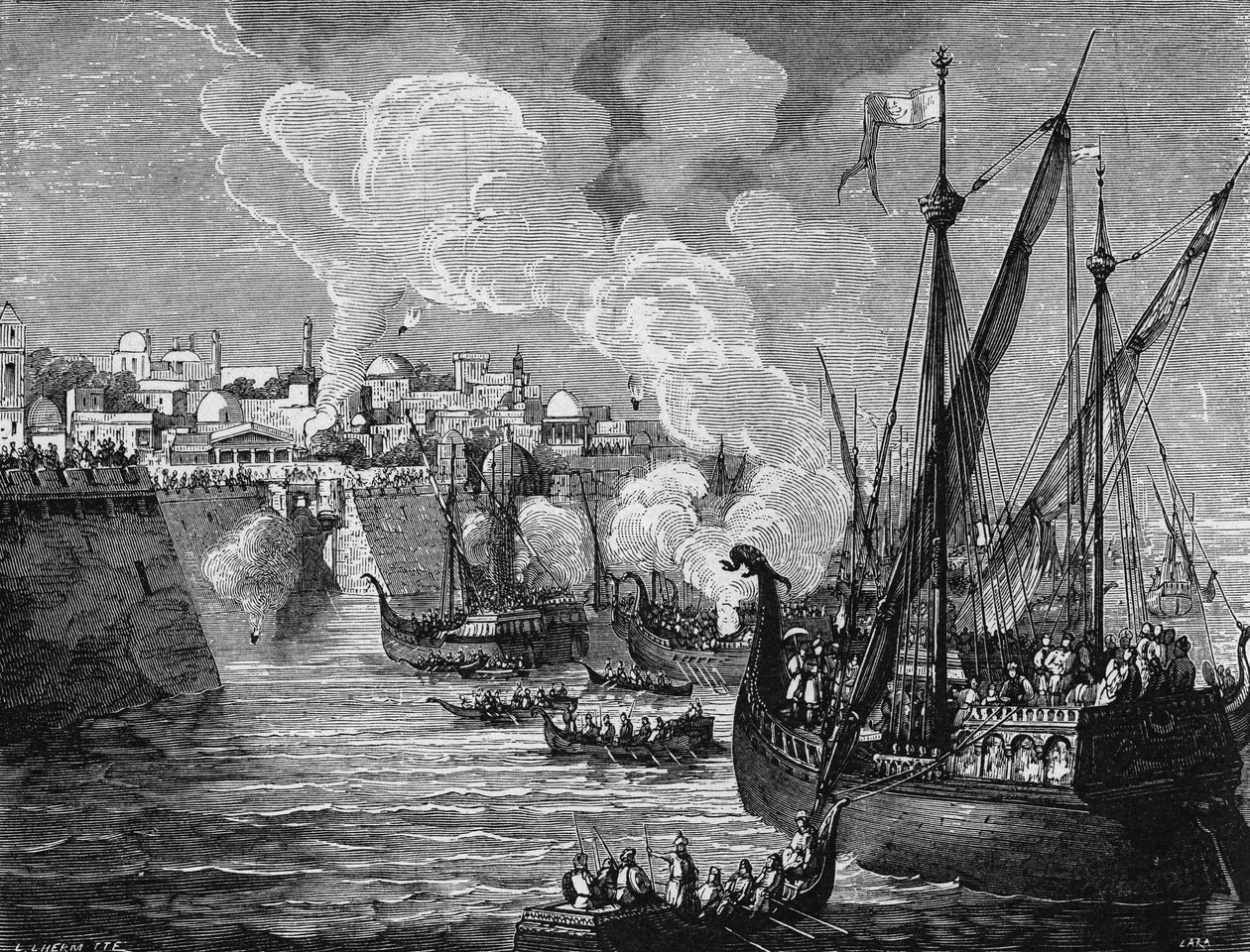 The Greek fire used by the besiegers and the besieged at the siege of Constantinople by Muhammad II in 1453. In” Album de la Science””, Éditions Jouvet av Unknown artist