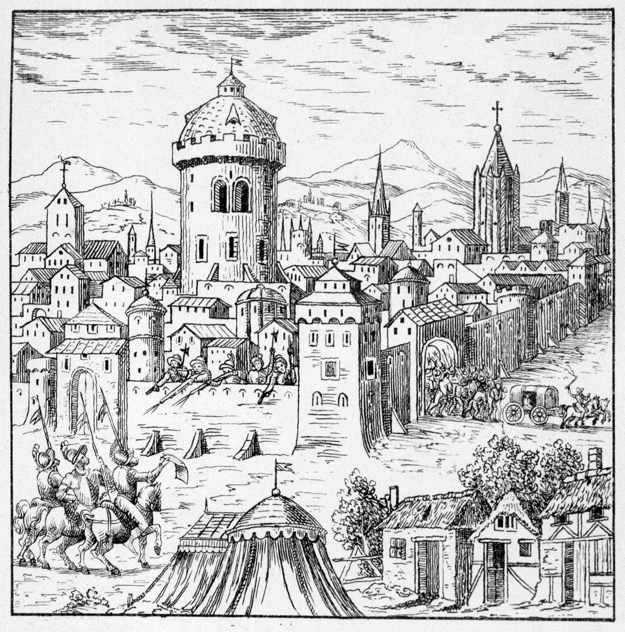 Hugenottene i Amboise hvor var kong Francois II (Conjuration of Amboise) - i "" samling av 39 figurer som representerer ulykkene i Frankrike fra 1562 til 1586""; Louis Perrin imprimerie av Unknown artist