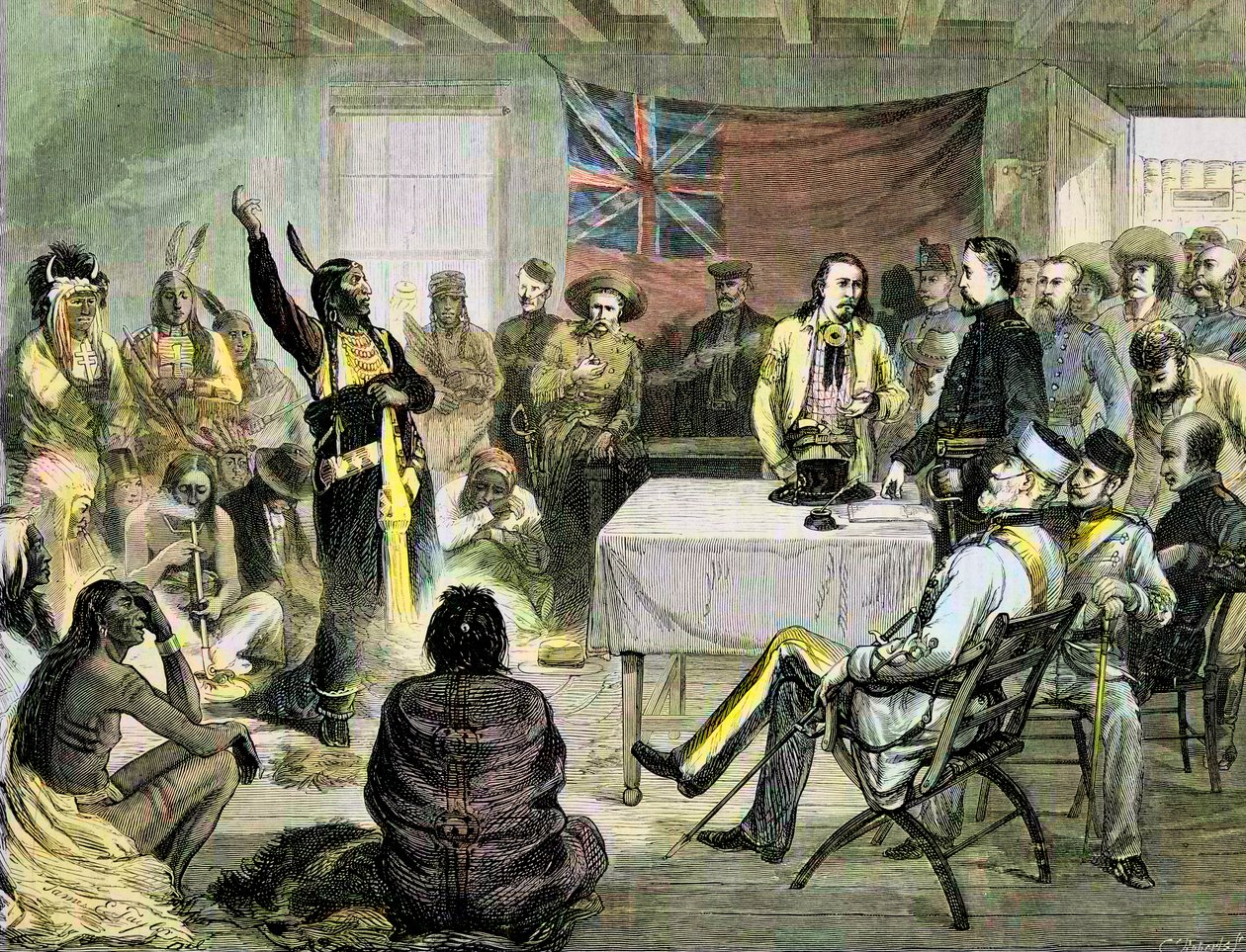 Den indiske krigen i USA - "" Sitting Bull" Council med Sitting Bull og Buffalo Bill ved Fort Walsh, britisk territorium, oktober 1877 - Sitting Bull and Buffalo Bill: Sitting Bull Council i Fort Walsh, British Territory, under krigen med av Unknown artist