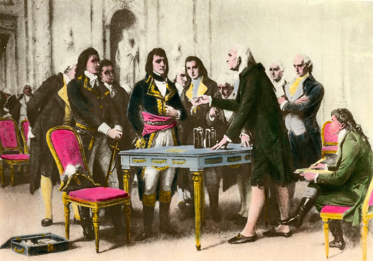 Den italienske fysikeren Alessandro (Alexandre) Volta (1745-1827) presenterer bunken sin til Napoleon Bonaparte. 1801 Privat samling av Unknown artist