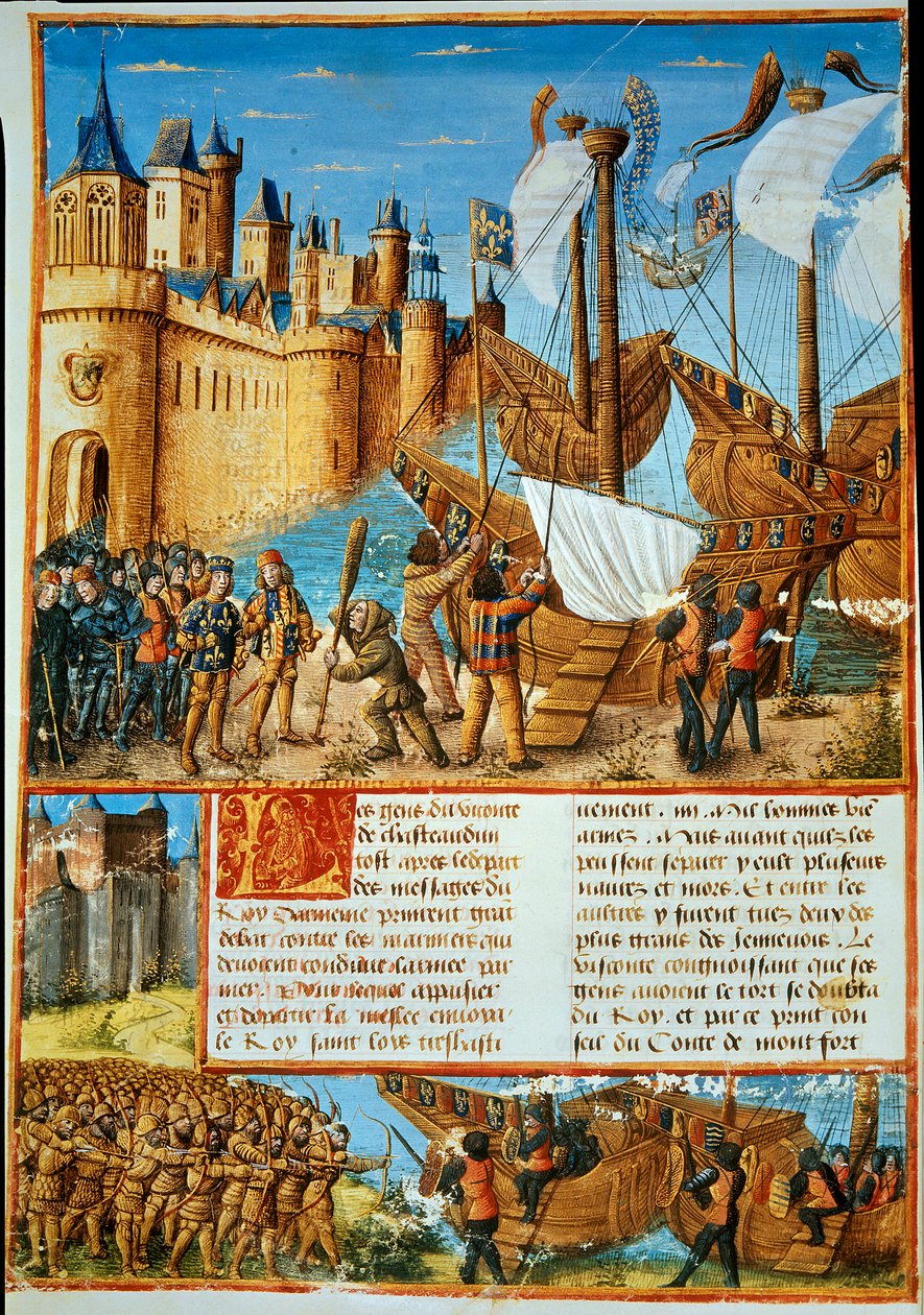 Kongen av Frankrike Louis IX (Saint Louis) (1214-1270) legger ut på det syvende korstoget. Miniatyrbilde hentet fra "The passas made Outremer by the French against the Turks and other Saracens and Moures Outremarine" av Sebastien Mamerot av Unknown artist