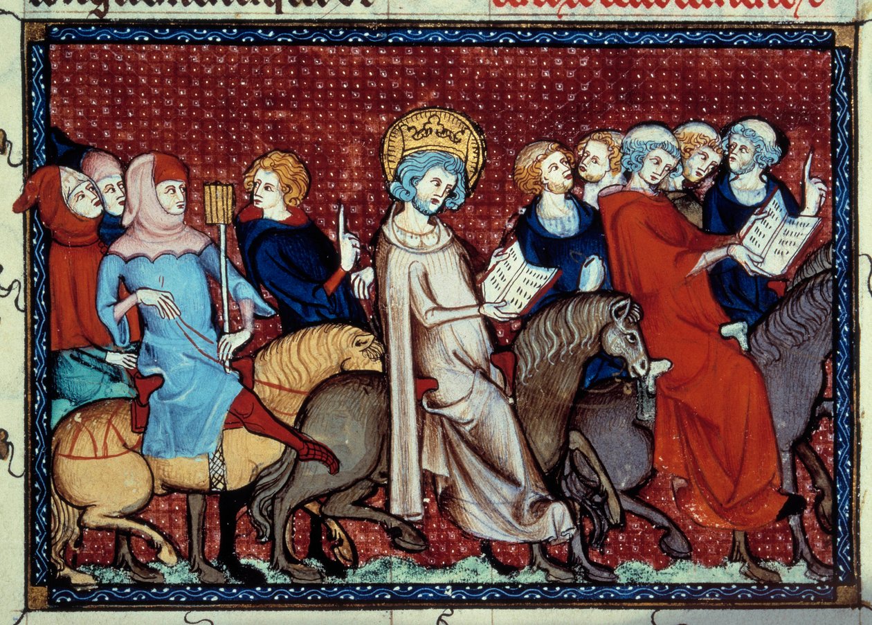 Kongen av Frankrike Louis IX (Saint Louis) (1214-1270) har fortalt sine timer til sine miniatyrprester fra et manuskript "Life and miracles of Saint Louis"" av William of Saint Pathus av Unknown artist
