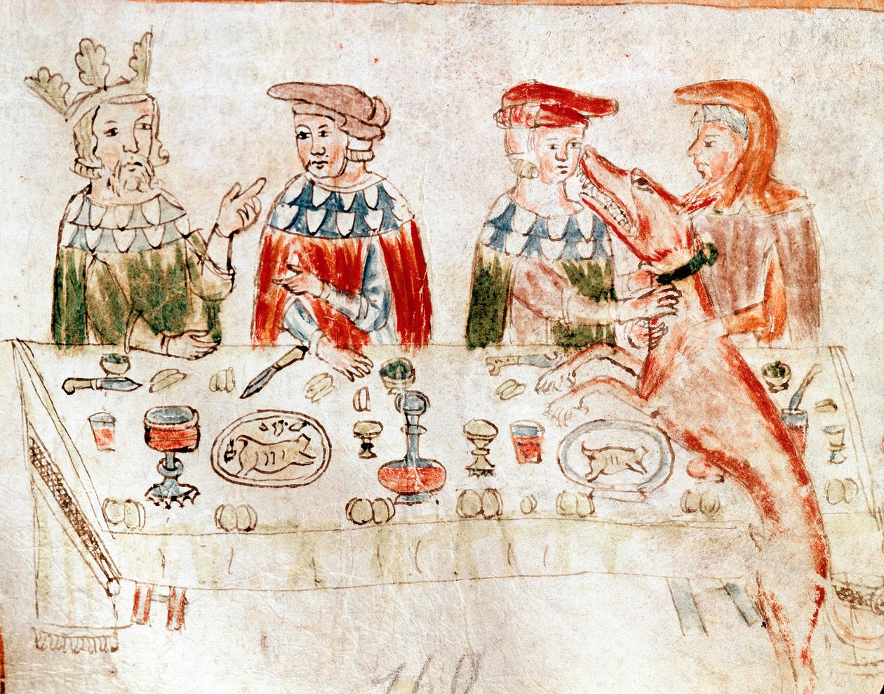 Kongen av francene Pepin III the Brief (714-768) og hans sønn Charlemagne på en miniatyrbankett fra et manuskript fra 1100-tallet. Venezia. Biblioteca nazionale marciana. av Unknown artist