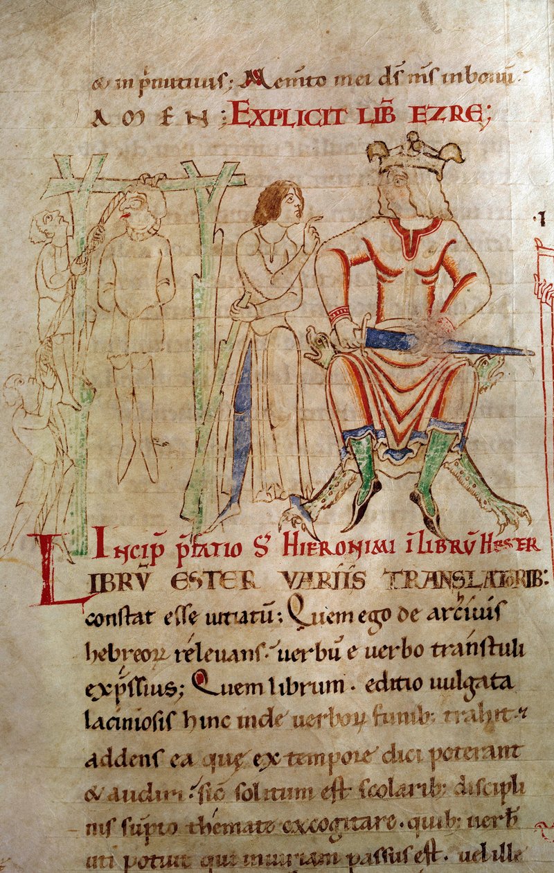 Kongens rettferdighet Mellom 1098 og 1109 En kongekranser sitter på en trone og holder et sverd, ved siden av en hengende scene. Side hentet fra et manuskript "" Kommentarer til Saint Hieronymus"" av Unknown artist