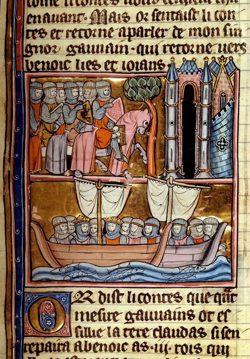 Knights dro til korstoget. Miniatyr hentet fra "" La quete du Holy Grail et la mort du roi Arthur"" av Robert De Borron (ou Boron) (1147-1170) Rundt 1280 Paris, B.N. av Unknown artist