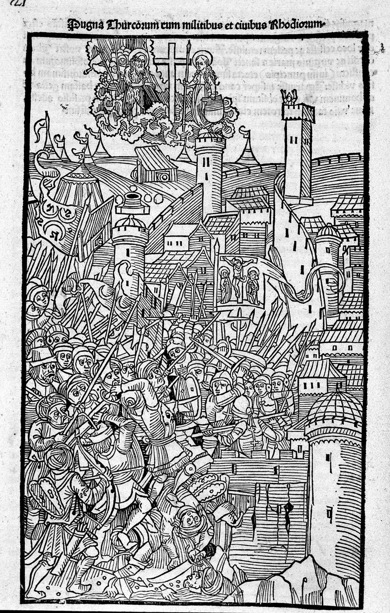 Knights of Rhodes (Ordenen av Hospitallers of St. John of Jerusalem) angriper Rhode Island i "" Rhodiorum Historia"" av Guilelmus Caorsin, Ulmae, Joh. Reger 24. oktober av Unknown artist