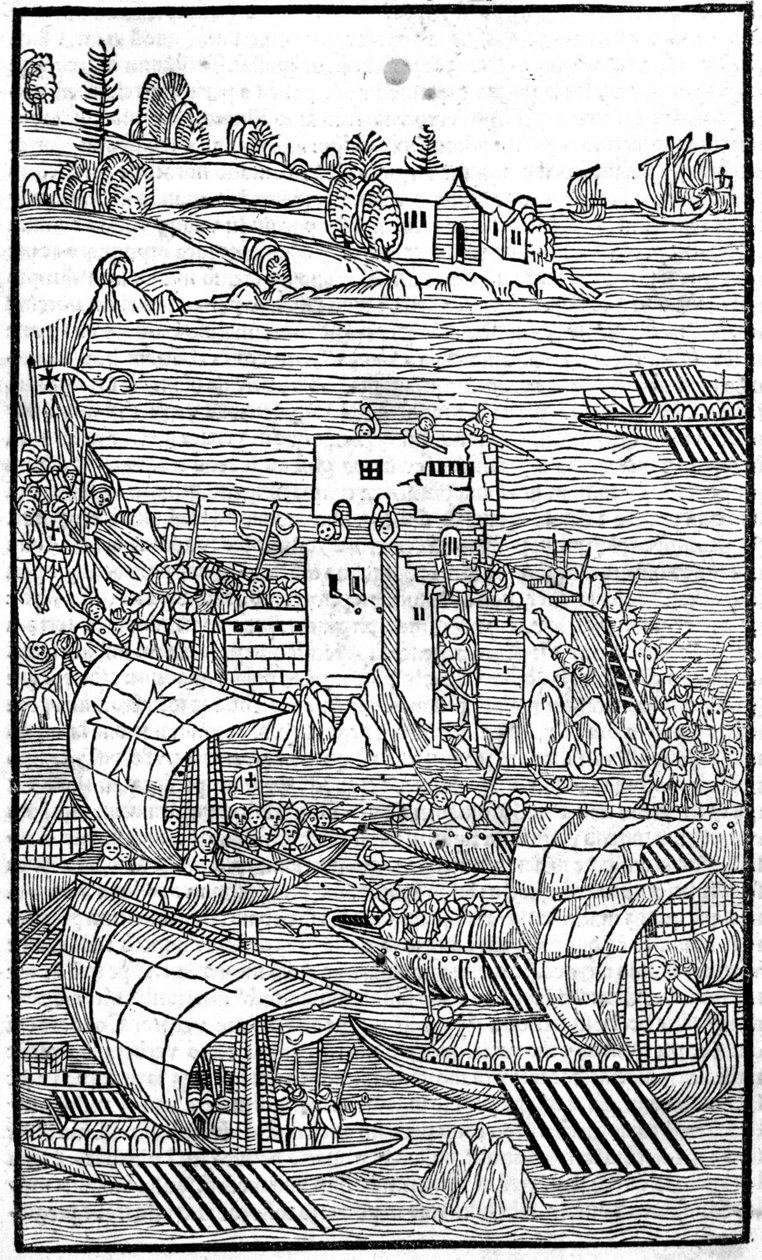 Knights of Rhodes (Ordenen av Hospitallers av St. John of Jerusalem) angriper Rhode Island i "" Rhodiorum History"" av Guilelmus Caorsin, Ulmae, Joh. Regjeringen oktober av Unknown artist