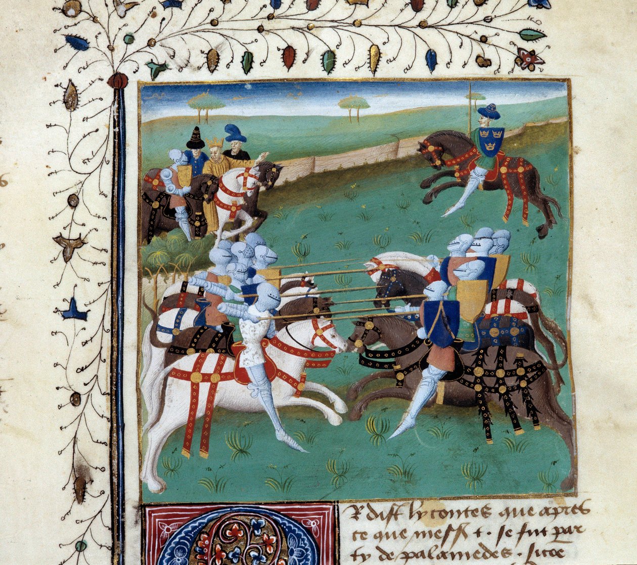 Knights of the Round Table som deltar i en ridderlig turnering. Miniatyr fra manuskriptet "The novel of Tristan" av Master Charles of Maine av Unknown artist