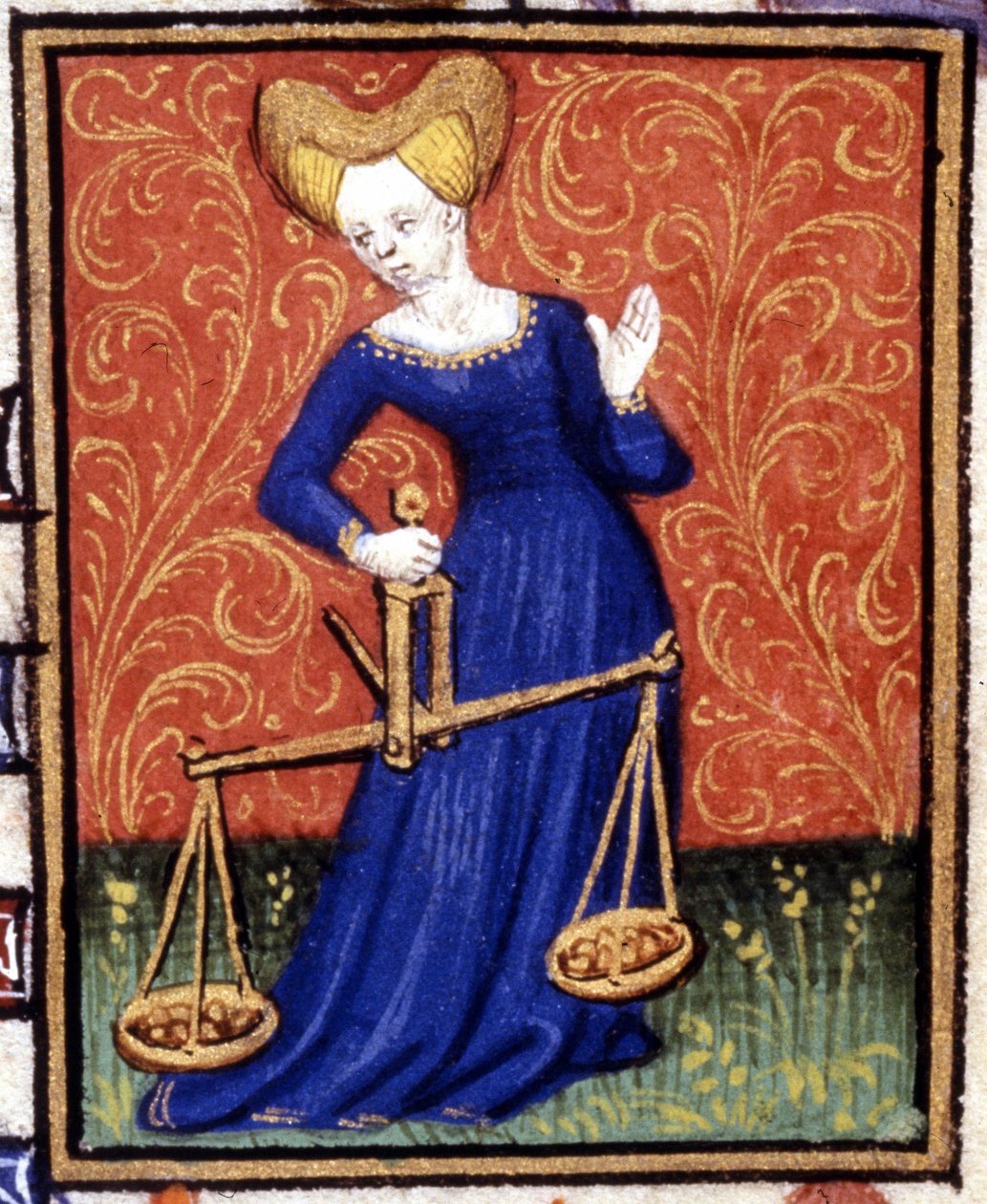 Vekten. Miniatyr av et horoskop. 1400-talls manuskript. Bibl. Trivulziana, Milano. av Unknown artist