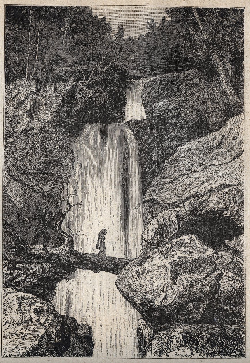 The Linklater waterfall - 19th century illustration for the historical novel “The Puritans of Scotland” (Old Mortality) by Walter Scott (1771-1832) av Unknown artist