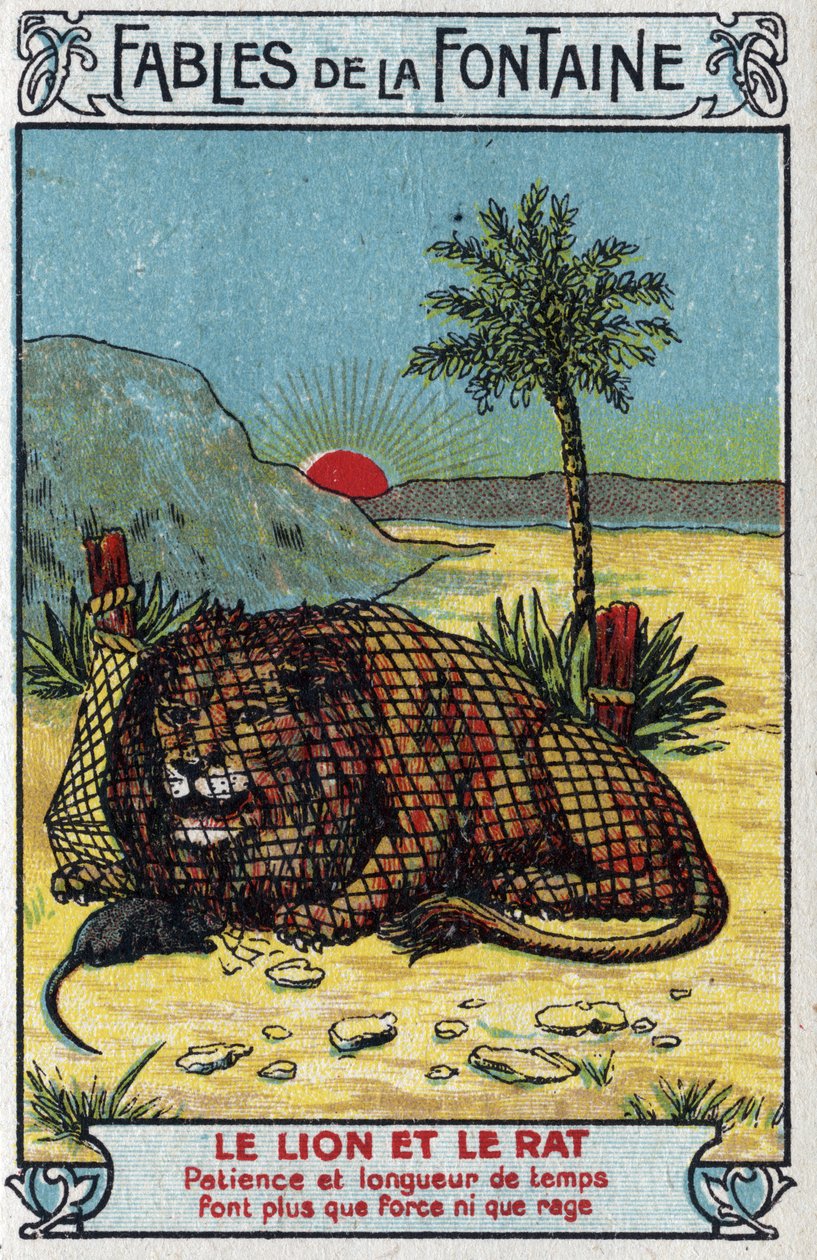 The Lion and the Rat - Fables av Jean de La Fontaine (1621-95) -Kromolitografi fra slutten av 1800-tallets privatsamling av Unknown artist