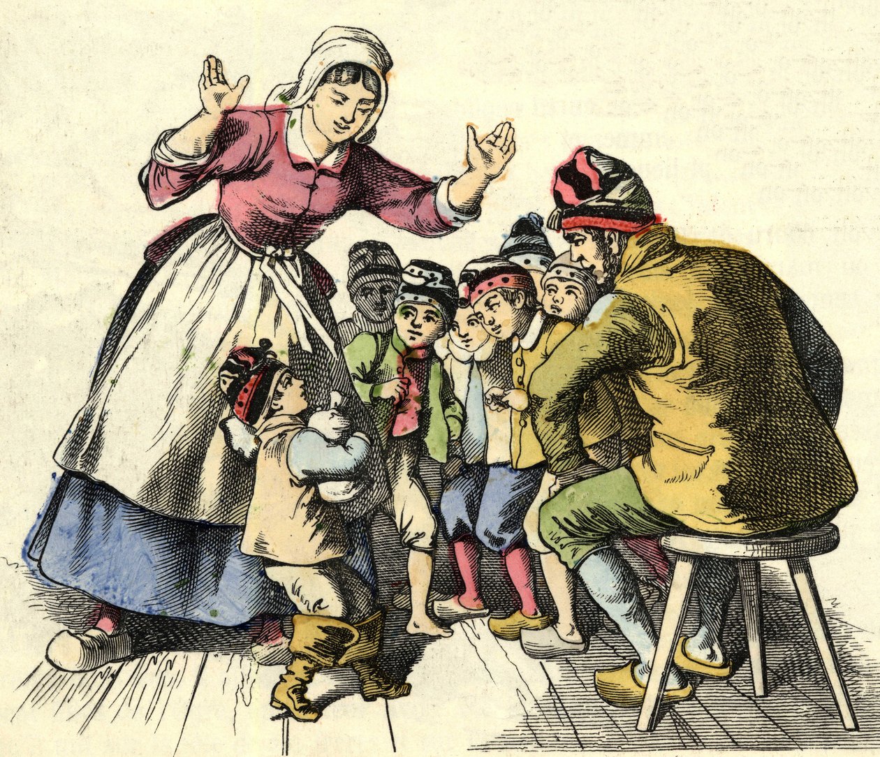 Den lille Poulet og brødrene hans drar hjem til foreldrene hans. Illustrasjon av historien "" Le Petit Poucet"" av Charles Perrault av Unknown artist
