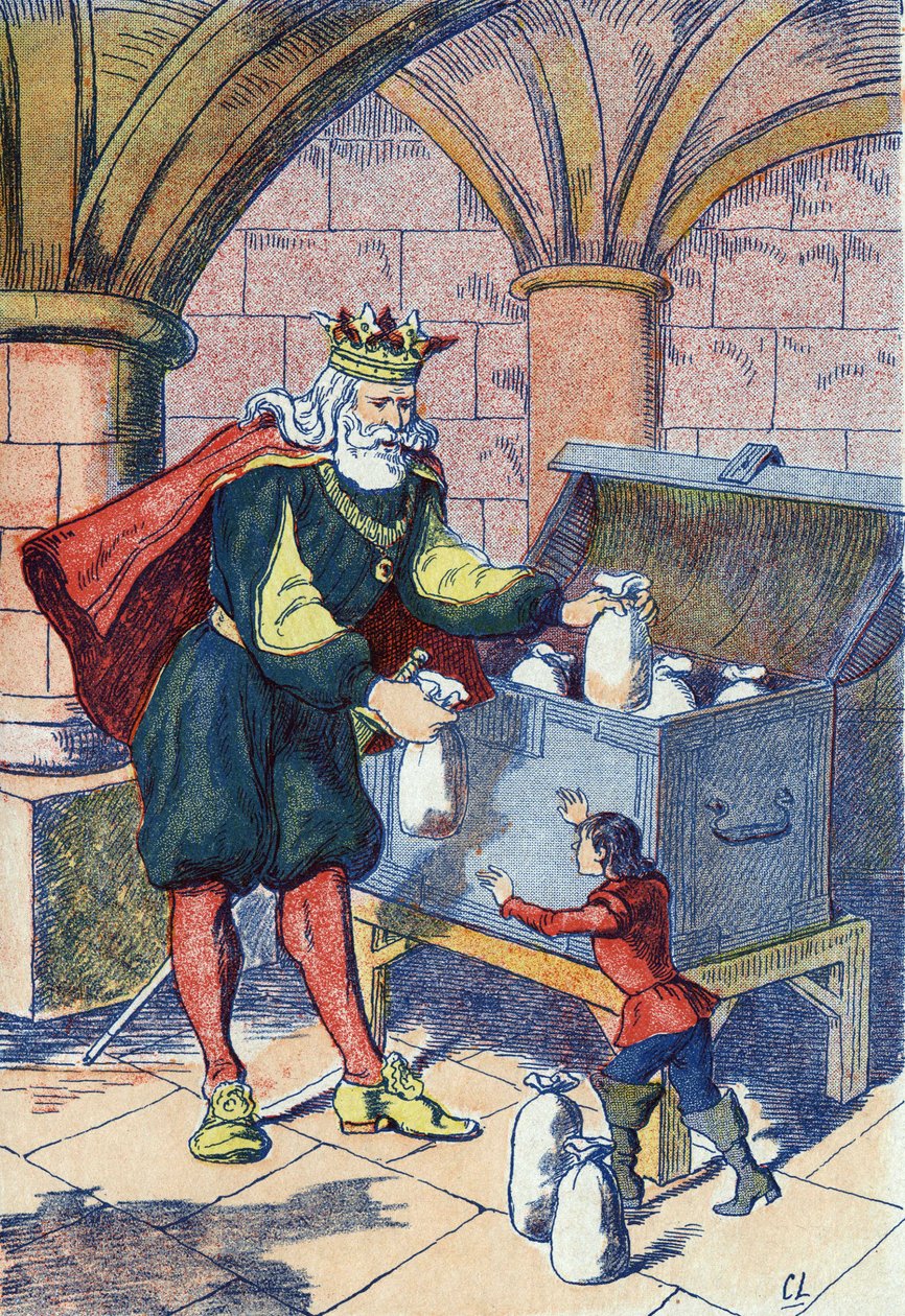 The Little Poulet recompensates by the King. Illustration for “” Le Pepetit poucet””, tale by Charles Perrault (1628-1703), French writer. Anonymous illustration. Imagery Marcel Vagne, Jarville Nancy, undated (late 19th century). av Unknown artist