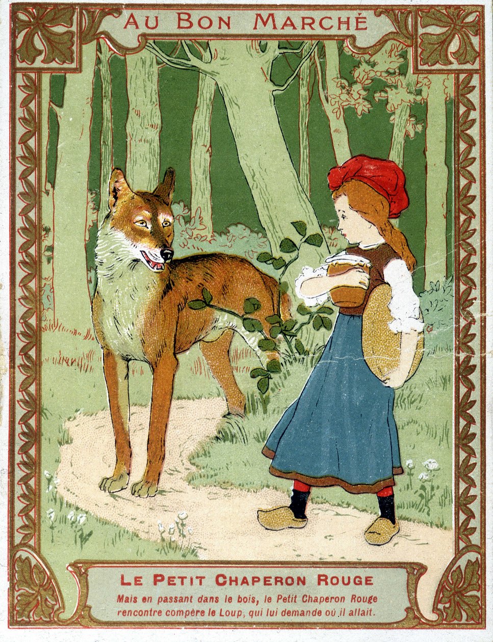 Den lille rødhetten møter ulven - Bon Marché-reklamemerket av Unknown artist