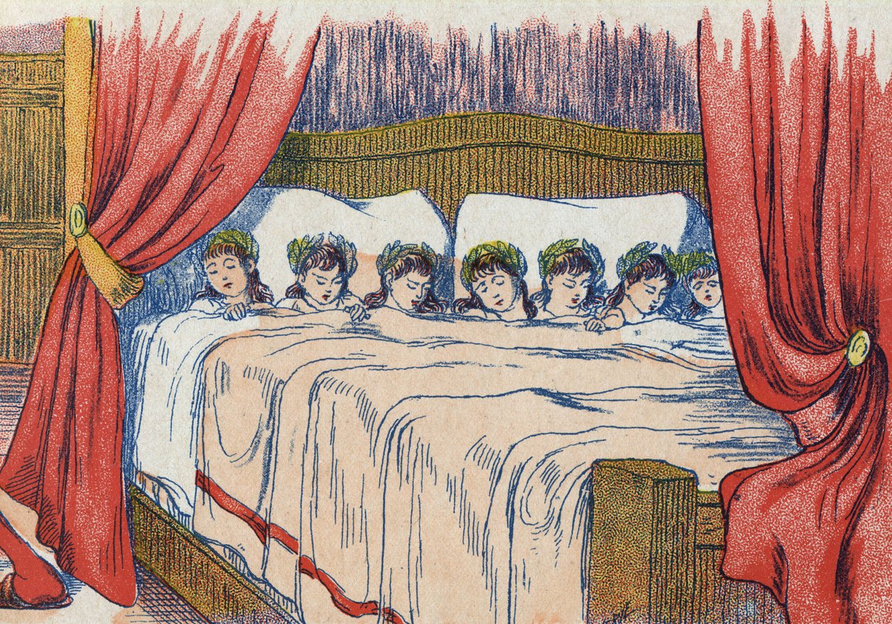 Den lille tommelen og brødrene hans sover, kronen i hodet hans. Illustrasjon for "" Le Pepetit poucet"", fortelling av Charles Perrault (1628-1703), fransk forfatter. Anonym illustrasjon. Bilder Marcel Vagne, Jarville Nancy, udatert (slutten av 1800-tallet av Unknown artist