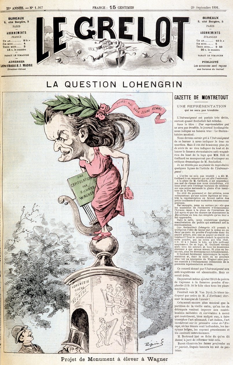 Lohengrin-spørsmålet: Monumentprosjekt som skal reises i Wagner - i "" Le Grelot"" av 20.09.1891 av Unknown artist