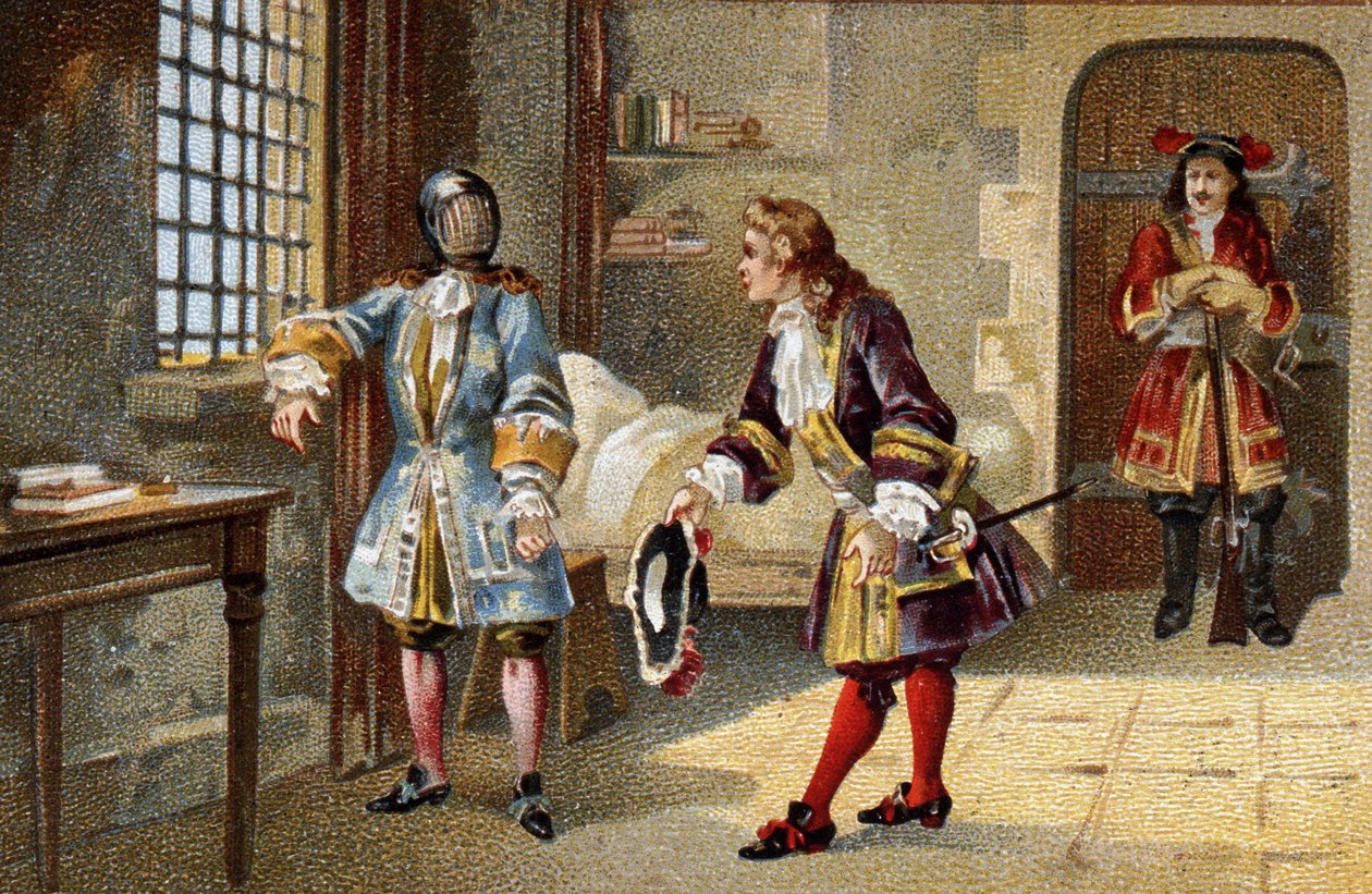 The Man with the Iron Mask, en intern statsfange fra 1679 til 1703 ved fortet på øya Sainte Marguerite (Sainte-Marguerite) av Unknown artist