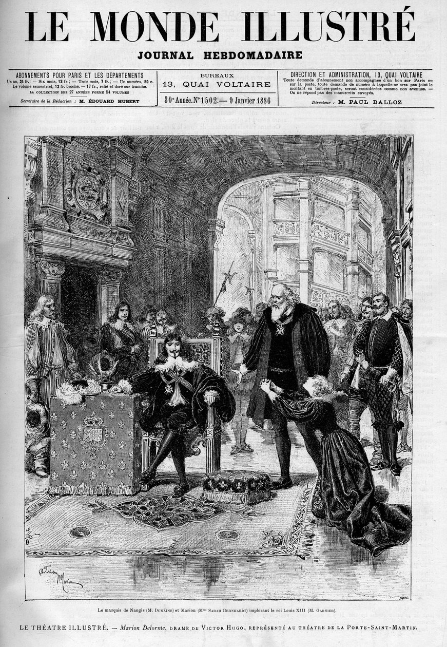 Marquis de Nangis (tolket av Dumaine) og Marion (av Sarah Bernhardt) bønnfaller kong Louis XIII (Garnier). Teaterstykke "" Marion Delorme", drama av Victor Hugo (1802-1885) skildrer ved teatret ved døren til Saint Martin etter å ha blitt for av Unknown artist