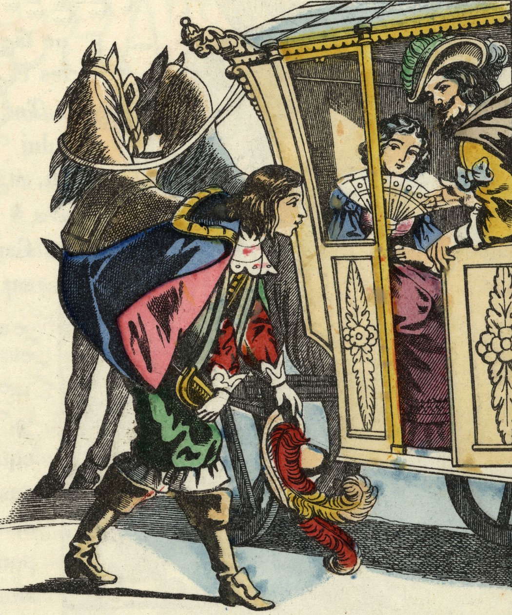 The Marquis of Carabas greets the king and the princess in their carriage. Illustration of the tale “The cat botte” by Charles Perrault av Unknown artist