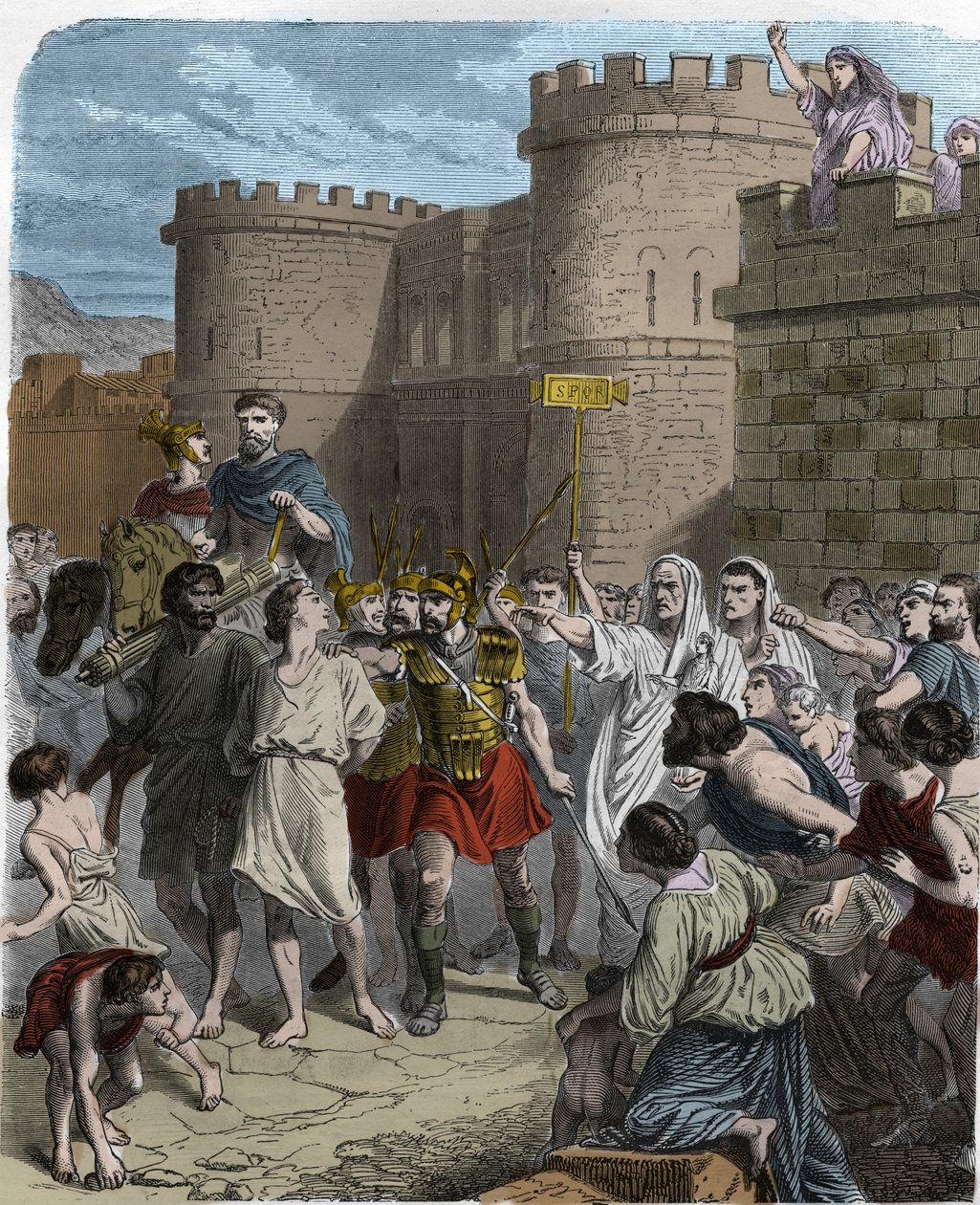 The Martyrdom of St. Symphorian - Martyrdom of St. Symphorian around the year 180 (San Sempronio martire) (Symphorianus, Symphorien). A man in the crowd waving a sign with the inscription S.P.Q.R (SPQR) (Senatus Populusque Romanus) - in “Histoire des popes av Unknown artist