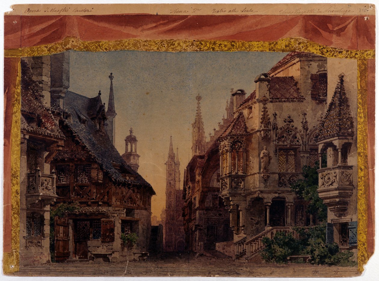Meistersinger von Nurnberg (Les Meistersinger de Nuremberg), WWV 96, opera av Richard Wagner laget i 1868. Scenografi av Ferrario for La Scala i Milano av Unknown artist
