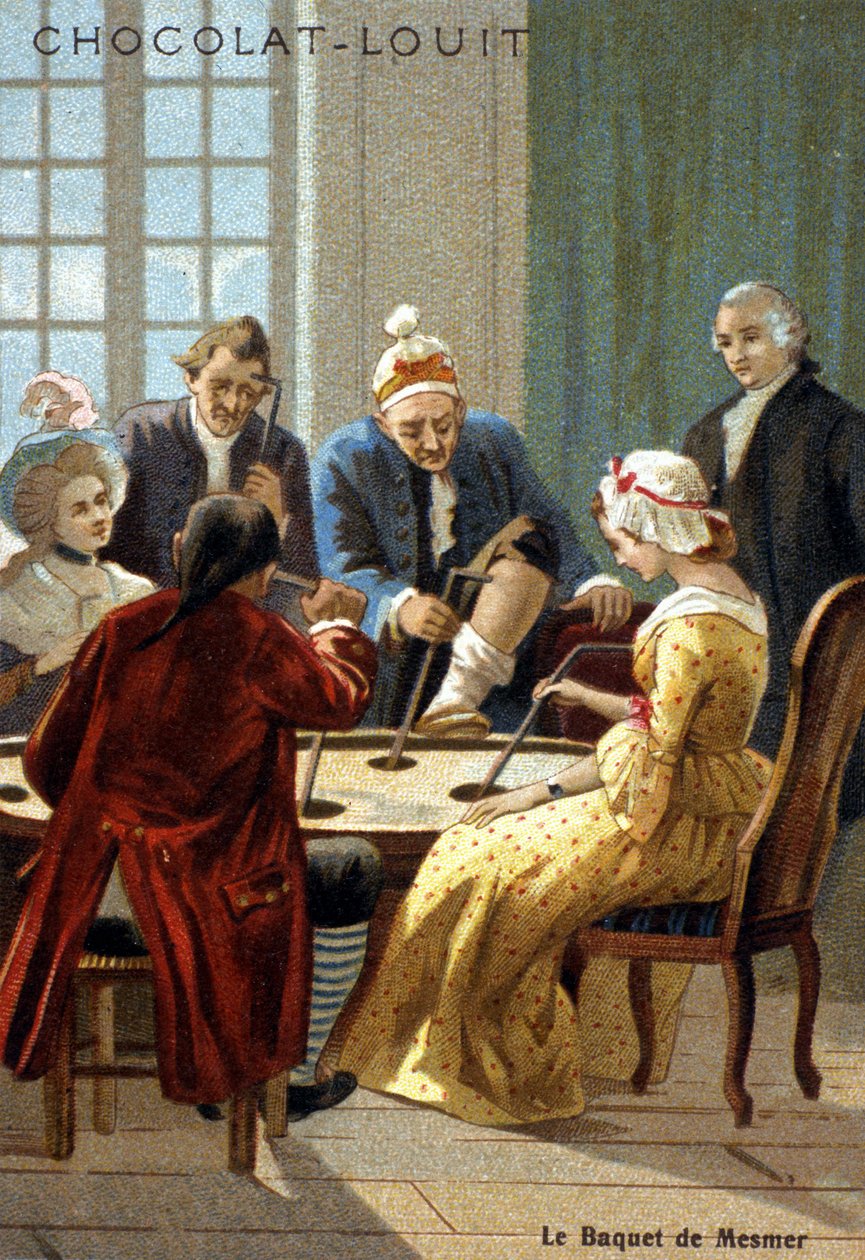 Mesmer-bøtta (Frederic Antoine Mesmer - Franz Anton Mesmer). Erfaring til Mesmer (1734 - 1815), en tysk lege som hevdet å ha oppdaget "dyremagnetisme". kromolitografi fra 1800-tallet. av Unknown artist