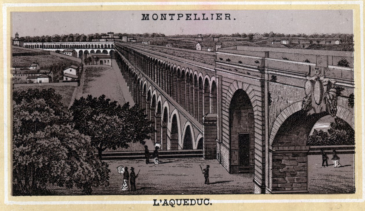 Montpellier Acqueduc (Herault, Languedoc-Roussillon-regionen). Kromolitografi fra slutten av 1800-tallet. av Unknown artist