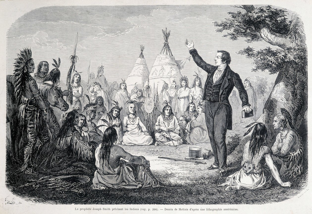 Mormonprofeten Joseph Smith forkynner indianerne (Nord-Amerika). 1800-tallsillustrasjon. av Unknown artist