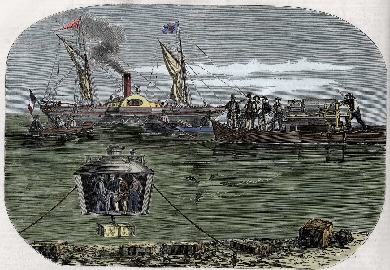 "Nautilus"-dykkerklokken til Dr. Antoine Prosper Payerne eksperimenterte i Seinen, Paris, og ble deretter perfeksjonert i USA. Gravering (1858) i Le "" Monde illustrious"". av Unknown artist