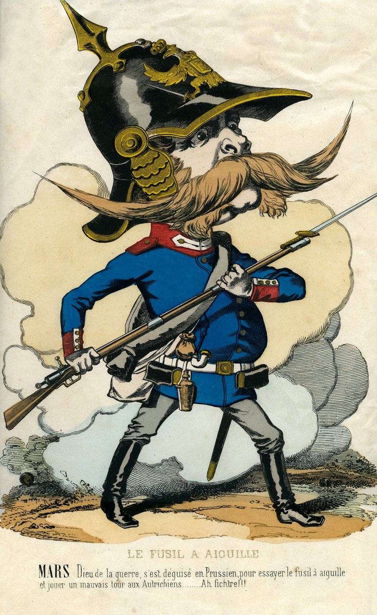 Nålgeværet - Portrett av Otto Von Bismarck (1815-1898) Preussens kansler - Mars, krigsguden, skuffet seg selv som prøysser for å prøve nålgeværet og spille østerrikerne et dårlig triks... Karikatur av Unknown artist