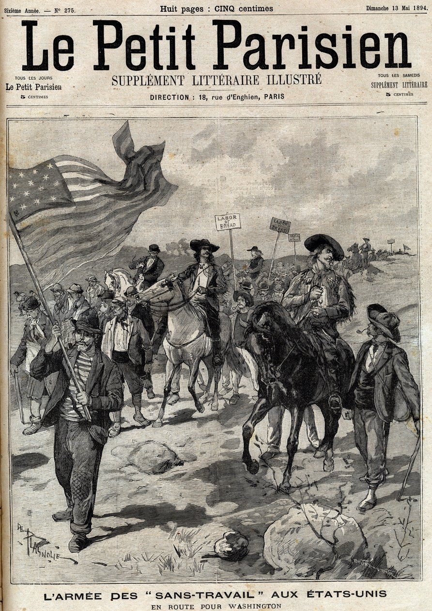 «No Work»-hæren i USA på vei til Washington. I april fant streik i Pennsylvania og Ohio sted, og en hær av arbeidsløse menn ledet av Jacob Coxey marsjerte til Washington for å kreve arbeid. Gravering i "" Le Parisien"" av Unknown artist