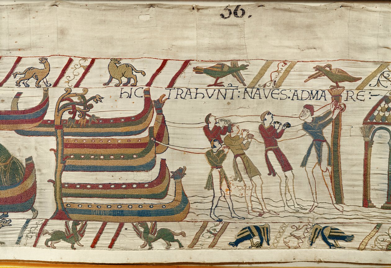 The Normans pull their ships to the sea, Bayeux Tapestry (wool embroidery on linen) av Unknown artist