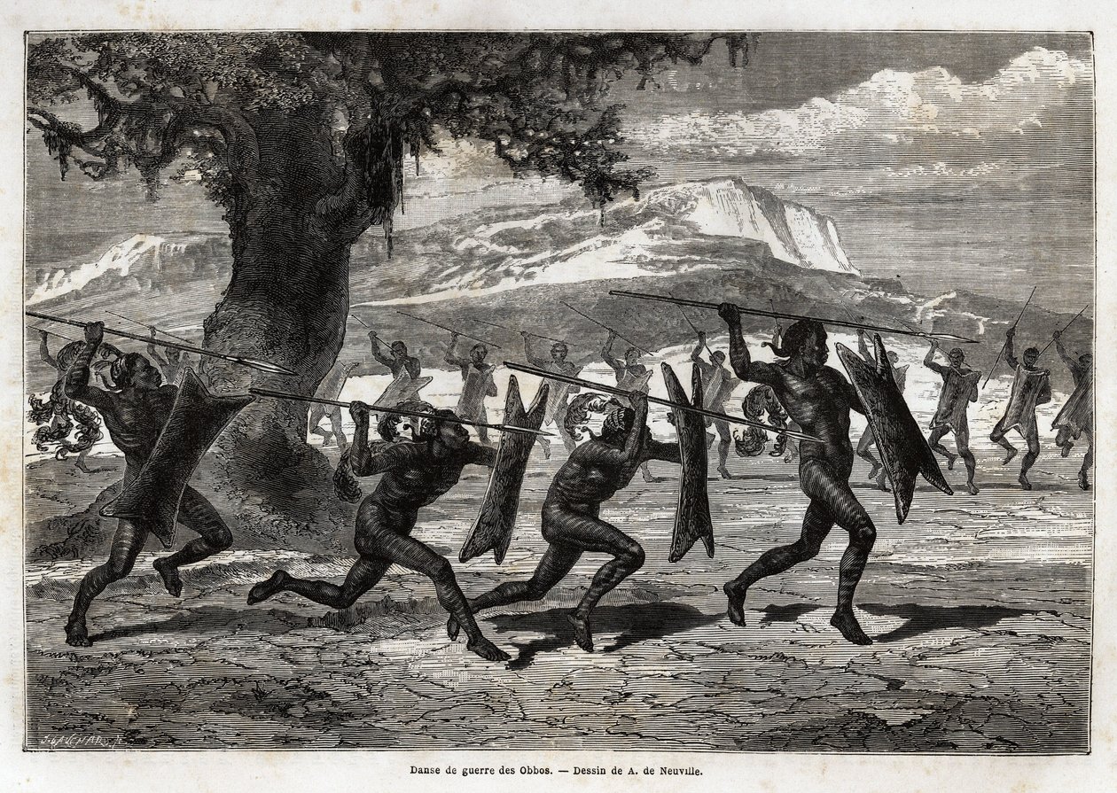 Obboene (Uganda-stammen) fremfører en krigsdans. Gravering for illustrasjon av turen til Lake Albert, i 1861-1864, av Sir Samuel White Baker, i "Le tour du monde, nouveau journal des voyages"" utgitt under ledelse av Edouard Charton av Unknown artist