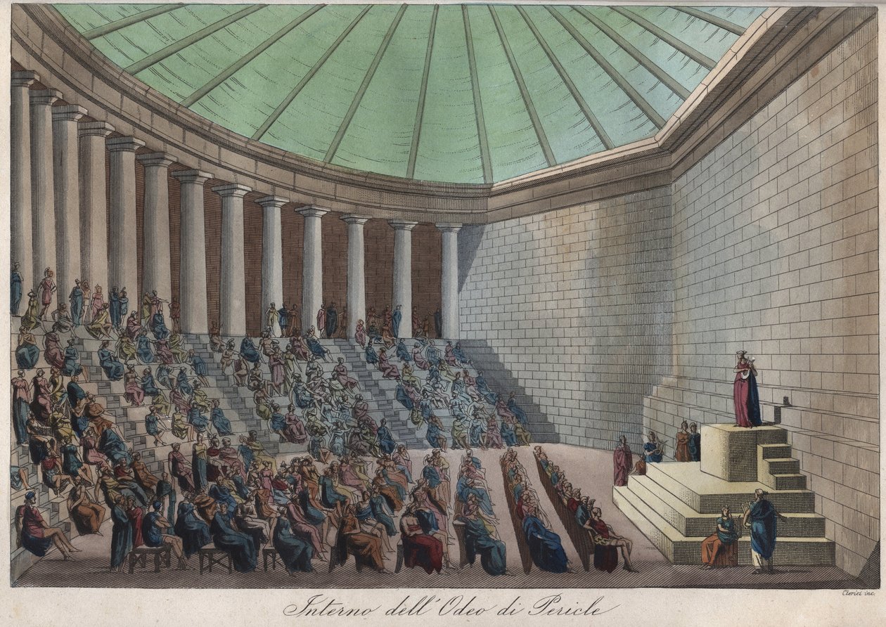 The Odeon of Athens eller Odeon of Pericles in Athens - gravering fra "" skikker og tradisjoner til alle folkeslag i universet. Det vil si historien om regjeringen, lovene, militsen, om religionen til alle nasjoner fra de fjerneste tider til i dag "1 av Unknown artist