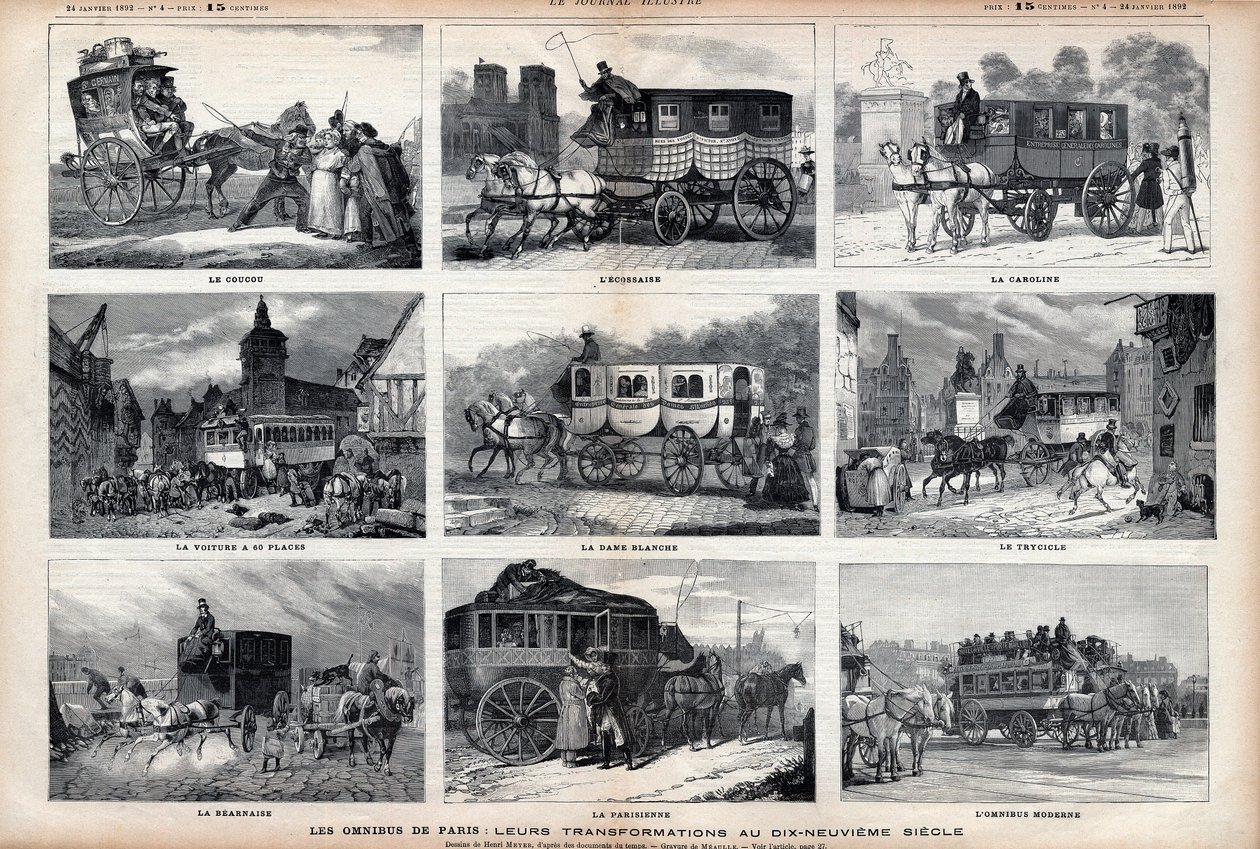 The Omnibus of Paris: deres transformasjoner på 1800-tallet: gjøken - den skotske - den Carolina - bilen har 60 seter - den hvite damen - trycicle - Bearnaise - den parisiske - den moderne omnibus av Unknown artist