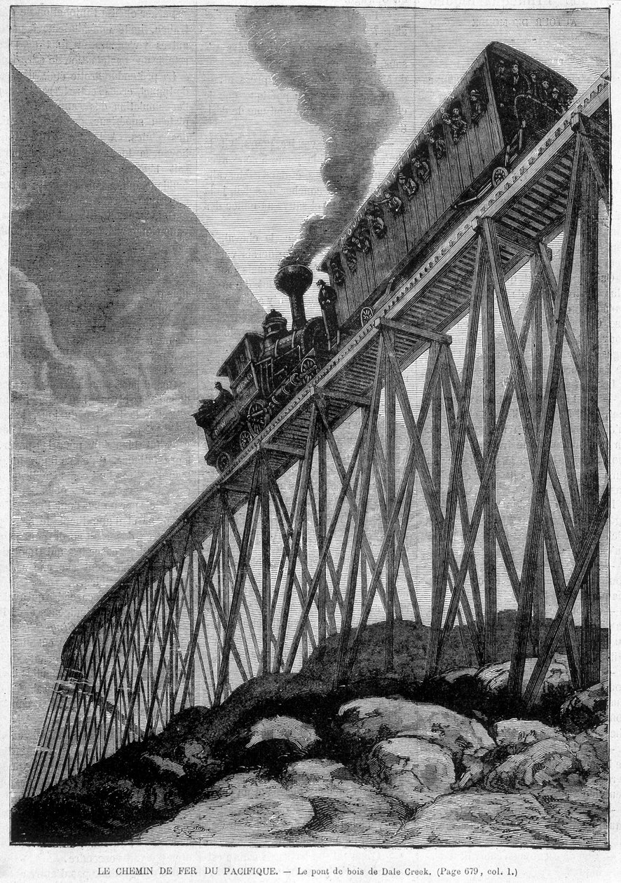 Pacific Railway på Dale Creek Wood Bridge - gravering, sent på 1800-tallet av Unknown artist